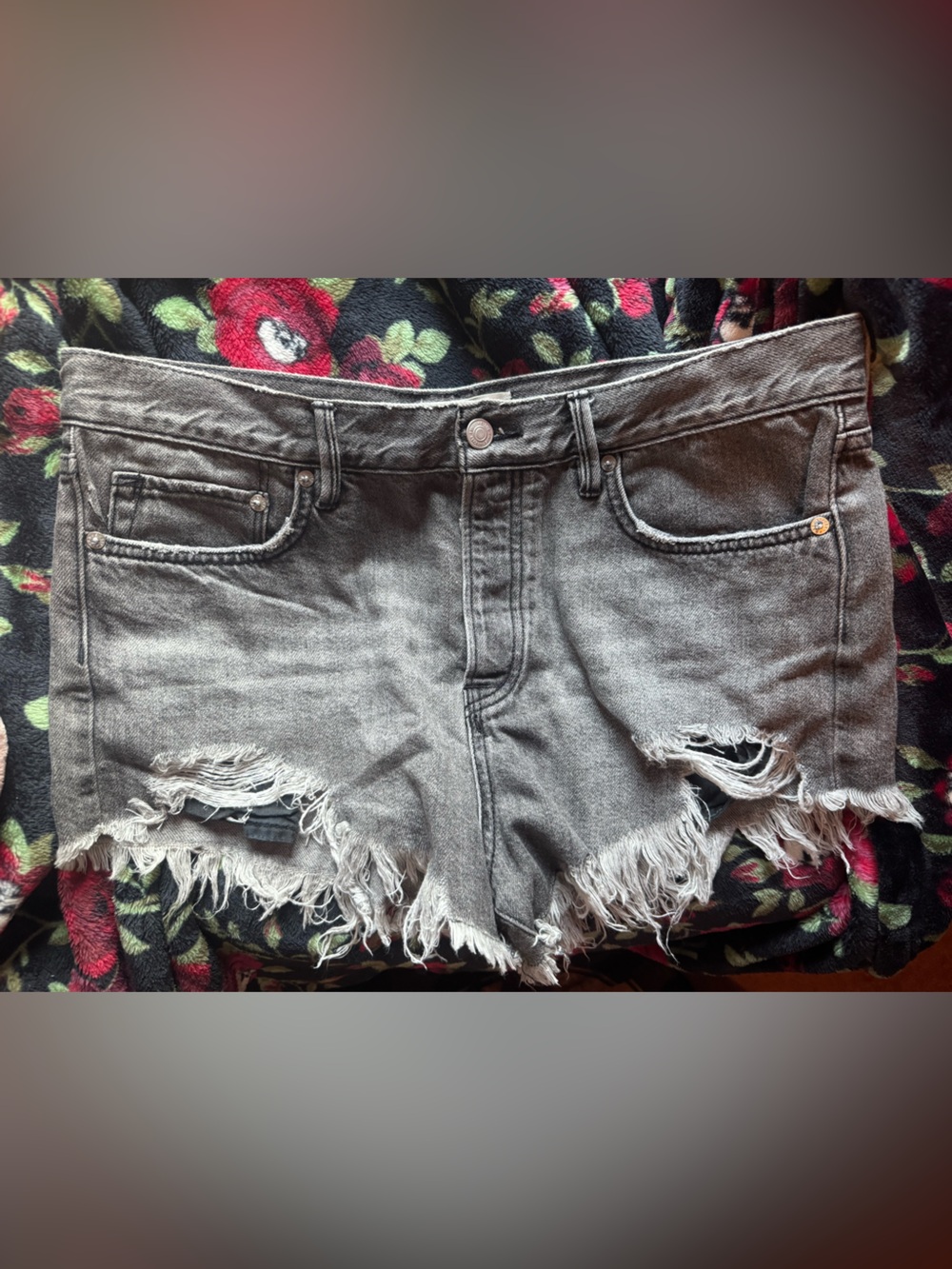 We The Free Gray Black Distressed High Rise Denim Shorts